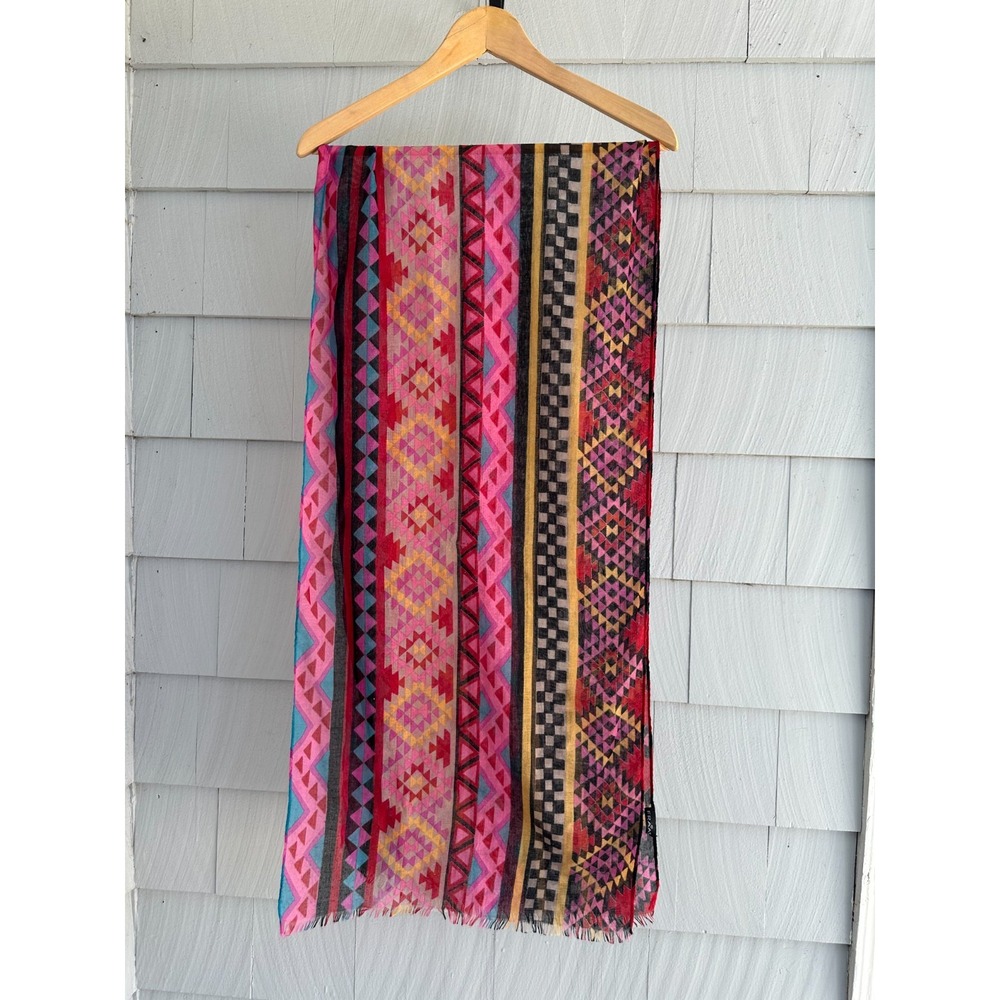 FRAAS Womens Scarf Multicolor Geometric Boho Print Lightweight 18 x 70 Fringe